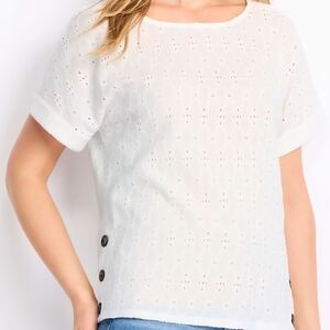 White Eyelet Short Sleeve Top with Side Button Detail